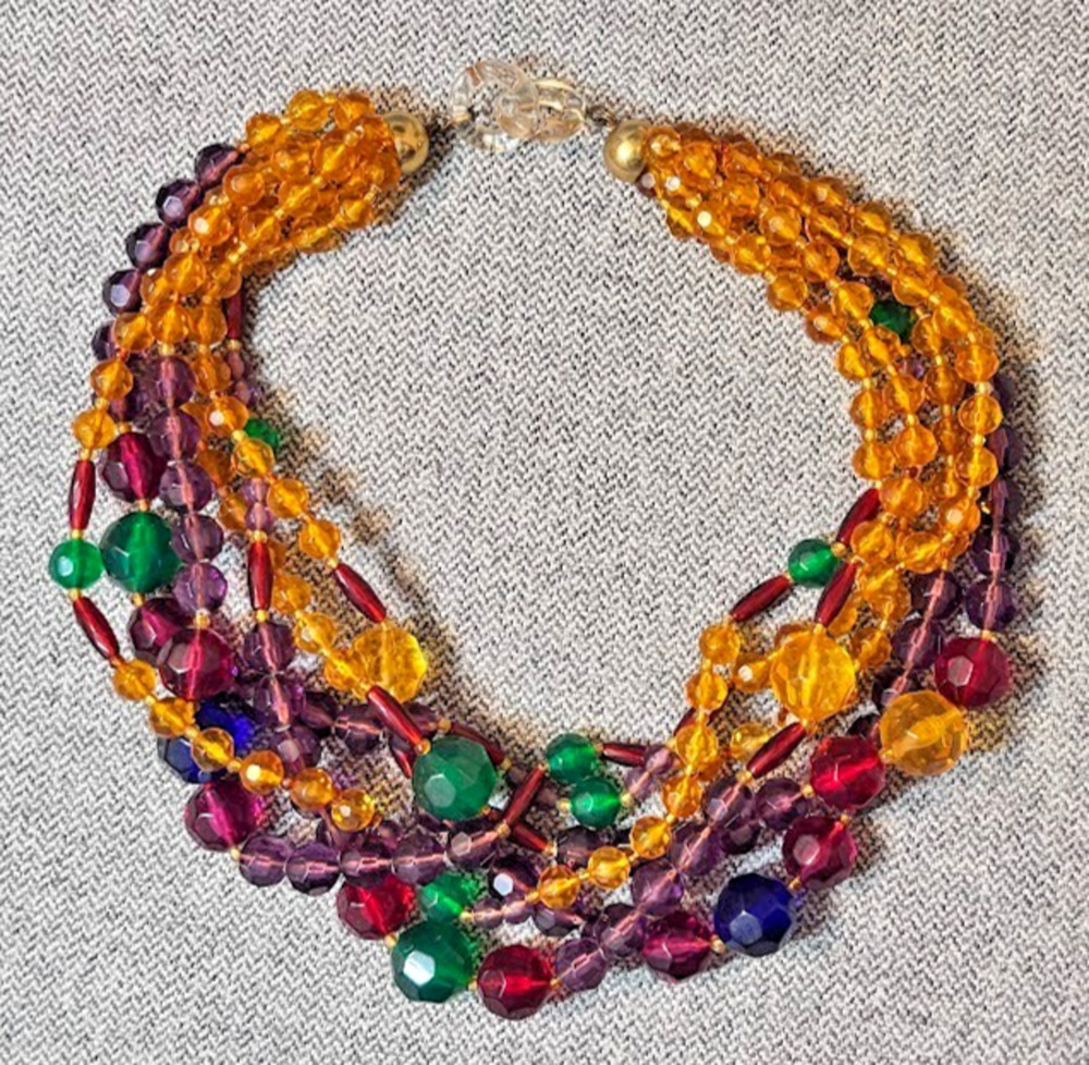 Vtg Chunky Multi Strand Fruit Salad Beaded Necklace Tutti Frutti Lucite Clasp